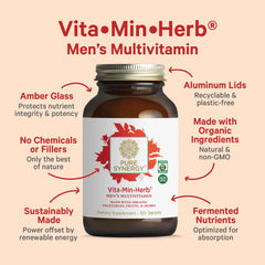 Pure Synergy Vita-Min-Herb for Men tablets in bottle scene, daily dosage for energy support