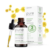 Pure Therapro Rx Ultimate K2 bottle with dropper illustrating liposomal delivery for enhanced absorption.