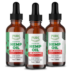 Pure Wellness Organic Hemp Seed Oil peppermint bottle pour illustrates convenient daily use for calm relief