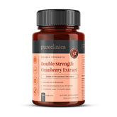PureClinica Double Strength Cranberry Tablets bottle shows potent, sugar-free daily supplement.