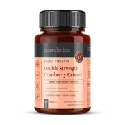 PureClinica Double Strength Cranberry Tablets bottle shows potent, sugar-free daily supplement.