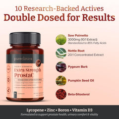 Pureclinica ProstaC ingredient panel highlights Saw Palmetto and Lycopene.