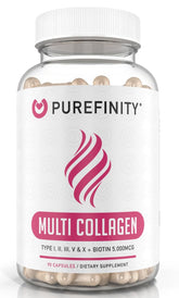Purefinity Collagen Peptides bottle front view showing 90 capsules