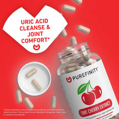 PUREFINITY Tart Cherry capsules close-up showing 3000 mg extract per serving.