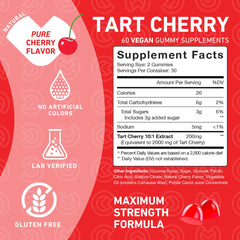 PUREFINITY Tart Cherry Gummies label highlights non-GMO, gluten-free vegan formula.
