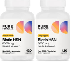 PureFormulas Biotin 8000 mcg bottle for healthy hair, skin and nails.