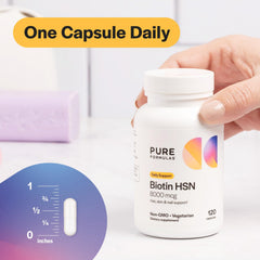 Packaging box of PureFormulas Biotin 8000 mcg per-pack with 120 capsules.
