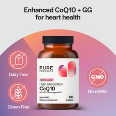 PureFormulas CoQ10 GG softgels bottle with easy daily dosing