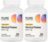 PureFormulas methylfolate 800mcg bottle shows active 5-MTHF for heart support