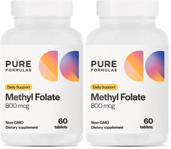 PureFormulas methylfolate 800mcg bottle shows active 5-MTHF for heart support
