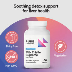 PureFormulas Milk Thistle Supreme bottle label close-up highlights GMP-certified quality and purity