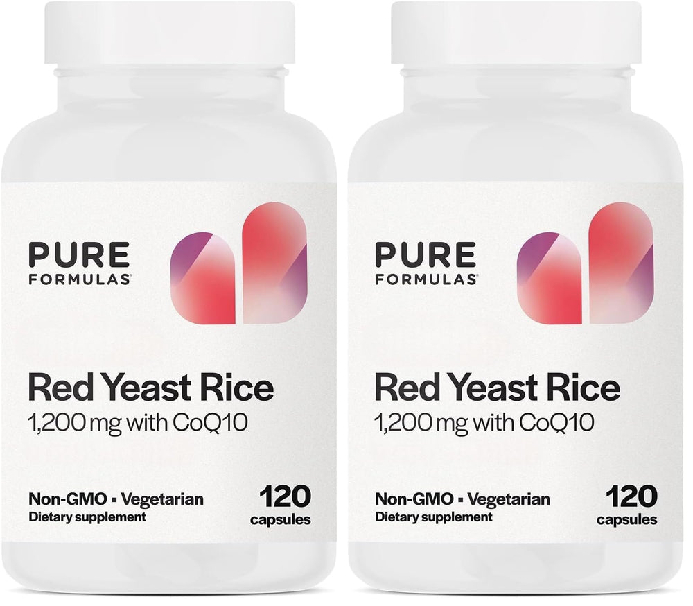 PureFormulas Red Yeast Rice bottle shows 1200 mg per serving with CoQ10, for daily wellness support.