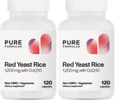 PureFormulas Red Yeast Rice bottle shows 1200 mg per serving with CoQ10, for daily wellness support.