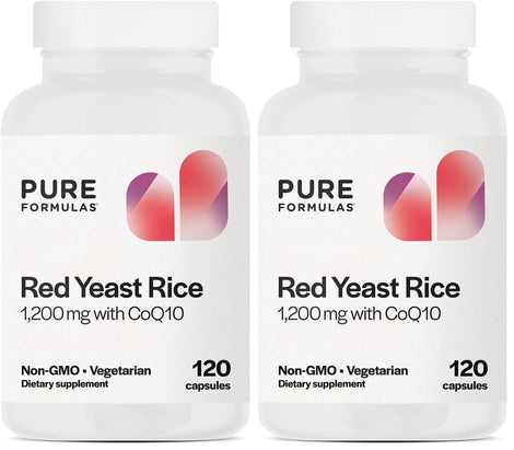 PureFormulas Red Yeast Rice bottle shows 1200 mg per serving with CoQ10, for daily wellness support.
