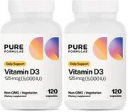 PureFormulas Vitamin D3 5000 IU bottle front label supporting daily immune health.