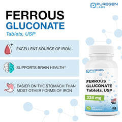 Puregen Labs ferrous gluconate label front highlighting safety and daily support