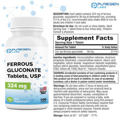 Puregen Labs ferrous gluconate tablets pack for everyday iron needs