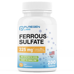 Puregen Labs Ferrous Sulfate 325 mg bottle showing high potency iron for daily support