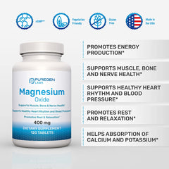 P Puregen Labs Magnesium 400mg bottle back, detailing ingredients and usage.