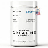 Puregen Labs micronized creatine powder bottle shows purity for athletes.