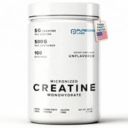 Puregen Labs micronized creatine powder bottle shows purity for athletes.