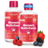 PureGood Women’s liquid multivitamin bottle highlighting 70+ nutrients for daily energy.
