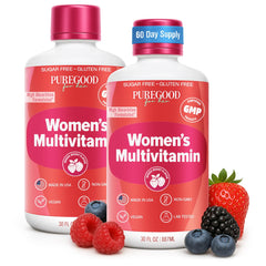 PureGood Women’s liquid multivitamin bottle highlighting 70+ nutrients for daily energy.