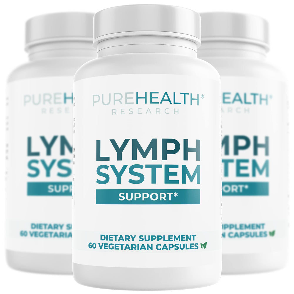 PUREHEALTH RESEARCH Lymph System Support bottle front view shows branding and readiness to support lymph drainage.