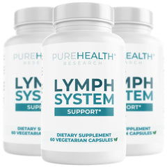 PUREHEALTH RESEARCH Lymph System Support bottle front view shows branding and readiness to support lymph drainage.