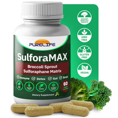 PureLife SulforaMAX bottle label showcasing vegan, non-GMO formula for immune support.