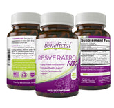 PURELY beneficial RESVERATROL1450 bottle label highlights purity and premium antioxidant blend for daily use.