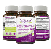 PURELY beneficial RESVERATROL1450 bottle label highlights purity and premium antioxidant blend for daily use.
