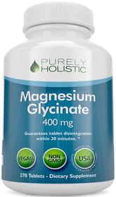 Purely Holistic Magnesium Glycinate 400mg bottle front with 270 tablets for daily support.