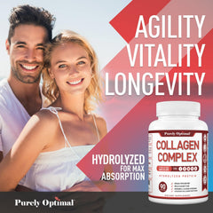 Purely Optimal collagen packaging box highlights all five types for a complete blend.