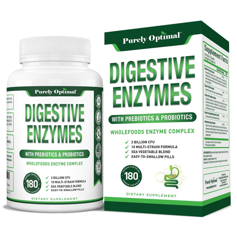 Purely Optimal digestive enzymes bottle image for daily meal support.