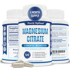 Purely Optimal Magnesium Citrate 500mg bottle with easy-to-swallow capsules for digestive support.