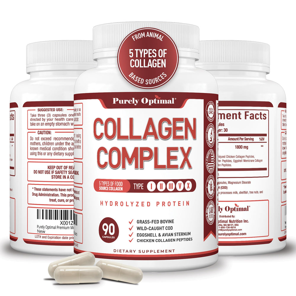Purely Optimal Premium Multi Collagen Capsules bottle for comprehensive support.