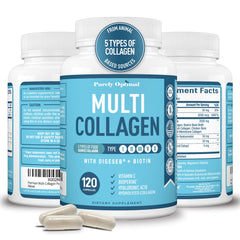 Purely Optimal Premium Multi Collagen pills bottle with 120 capsules for skin and joints.