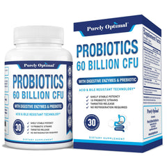 Purely Optimal Premium Probiotics 60B bottle supports daily digestive balance.