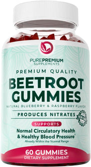 PurePremium Beet Root Gummies bottle on countertop; may support healthy circulation