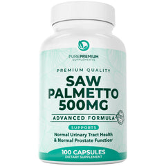 PurePremium Saw Palmetto bottle with 500 mg capsules for daily urinary support.
