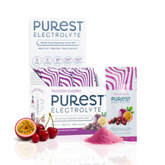 Purest Electrolyte passion cherry bottle pouring for fast hydration during workouts