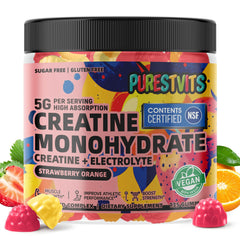 PURESTVITS creatine gummy bottle front showing convenient 3-gummy serving.