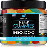 Purganic hemp gummies bottle on nightstand for sleep support.