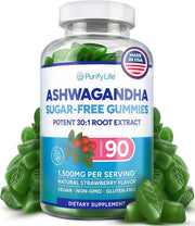 Purify Life sugar-free ashwagandha gummies strawberry bottle for stress support