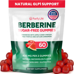 Purify Life GLP-1 support gummies label close-up highlighting a sugar-free berberine formula.