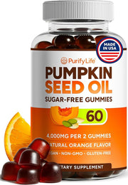 Purify Life sugar-free pumpkin seed oil gummies bottle shot for hair and skin support.