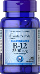 Puritan's Pride B-12 microlozenges 2500 mcg pack for daily energy support.