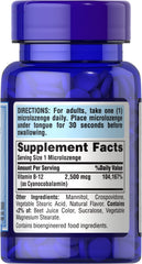 Puritan's Pride B-12 microlozenges on shelf emphasizing gluten-free and lactose-free claim.