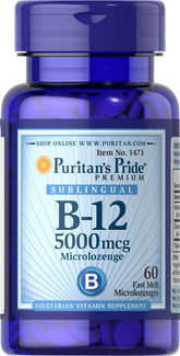Puritan's Pride B12 microlozenges pack for daily energy support under the tongue.
